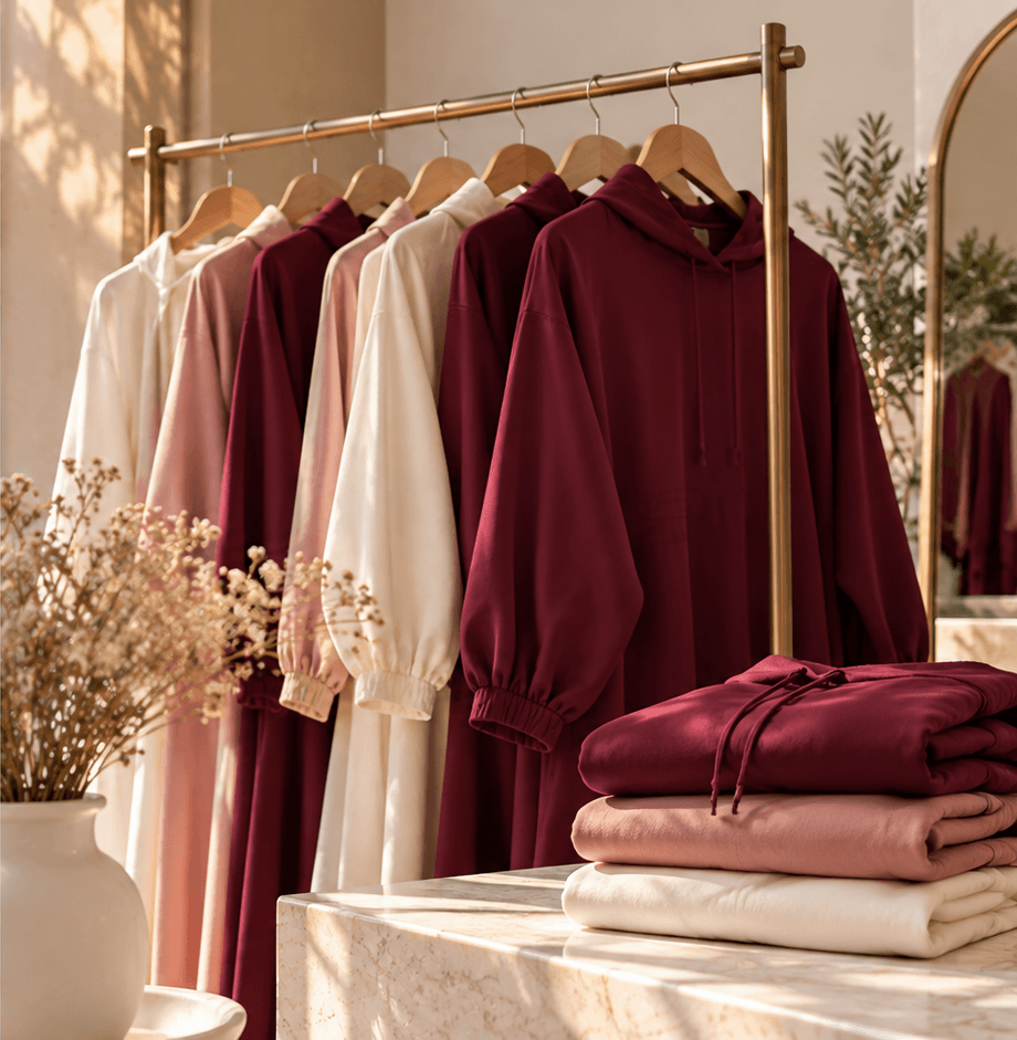 Collection Amoon : vêtements bordeaux, ivoire et blush sur un portant
